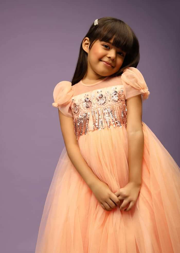 Kalki Girls Peach Gown In Net With Sequin Fringes And Puff Sleeves