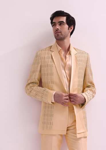 Peach Hand Embellished Lapel Tuxedo With Shirt And Pants