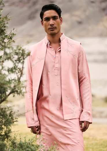 Peach Hand Embroidered Linen Bandi Kurta Set