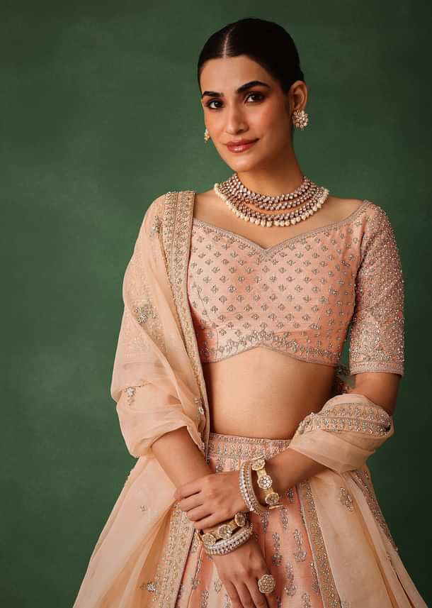 Peach Hand Embroidered Raw Silk Lehenga Set With Butti Work