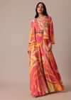 Peach Indo Fusion Jacket Set With Mirror Work