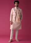 Peach Jacket Kurta Set In Art Silk With Threadwork