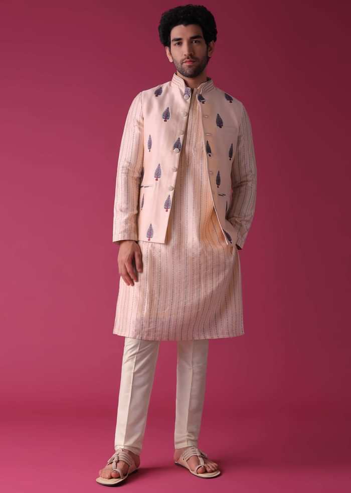 Peach Jacket Kurta Set In Art Silk With Threadwork
