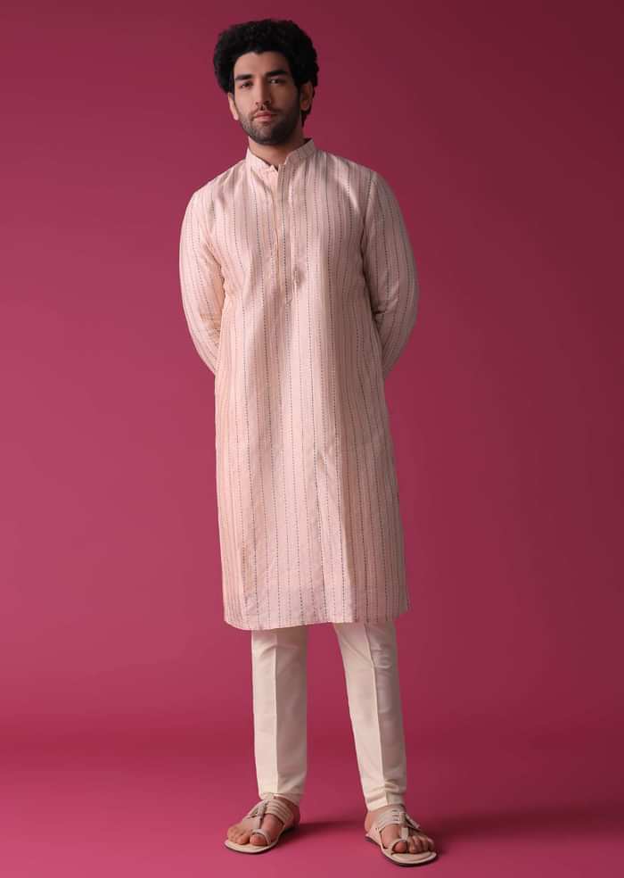 Peach Jacket Kurta Set In Art Silk With Threadwork
