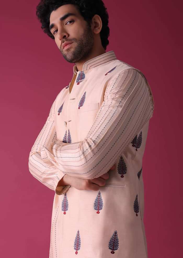Peach Jacket Kurta Set In Art Silk With Threadwork