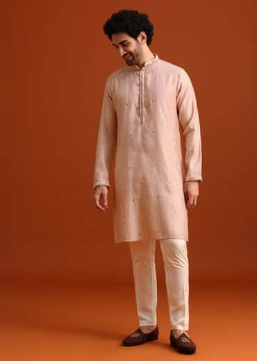 Peach Kurta And Jacket Set With Mirror Work