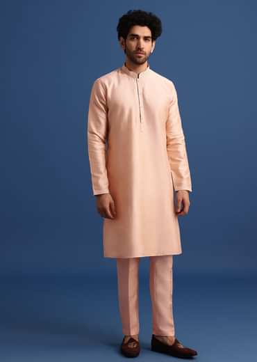 Peach Kurta Jacket Set With Zari Work And Mirror Embroidery For Men