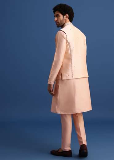 Peach Kurta Jacket Set With Zari Work And Mirror Embroidery For Men