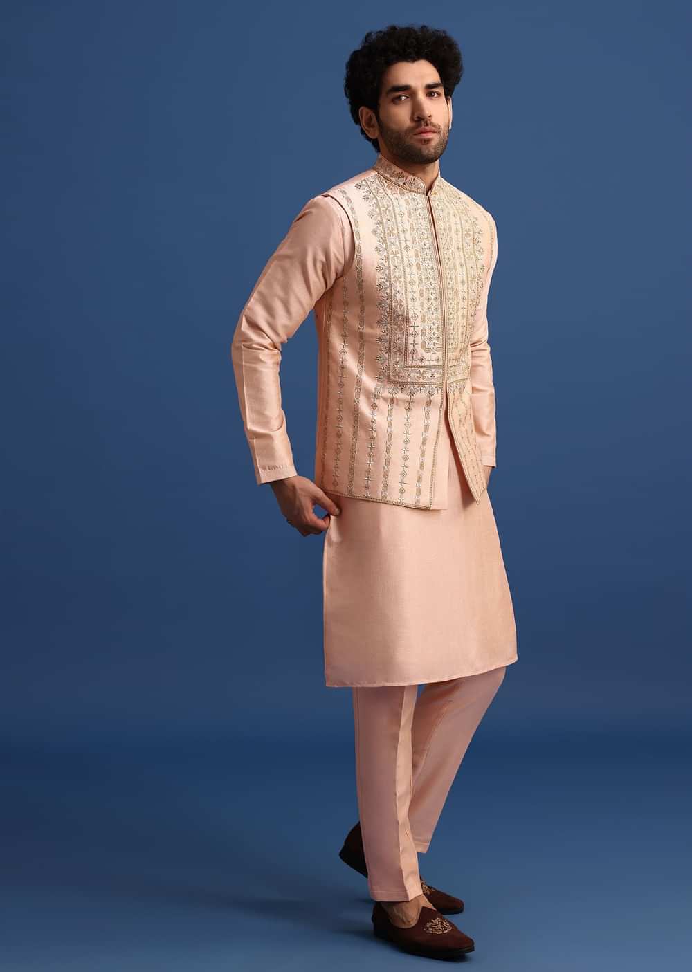Peach Kurta Jacket Set With Zari Work And Mirror Embroidery For Men
