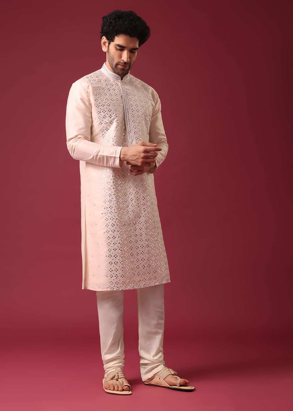 Peach Kurta Set With Mirror Work In Silk