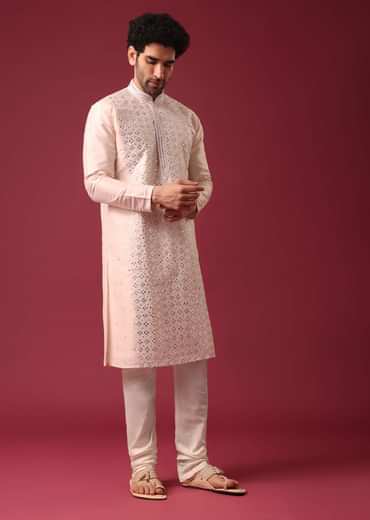 Peach Kurta Set With Mirror Work In Silk