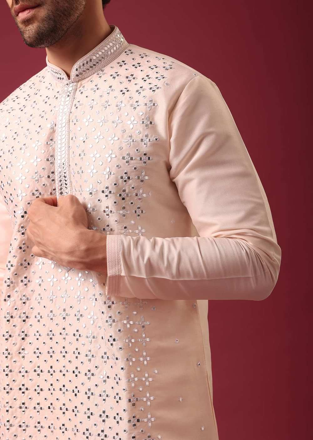 Peach Kurta Set With Mirror Work In Silk