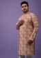Peach Kurta Set With Print And Brocade Weave Buttis In Bangalore Silk