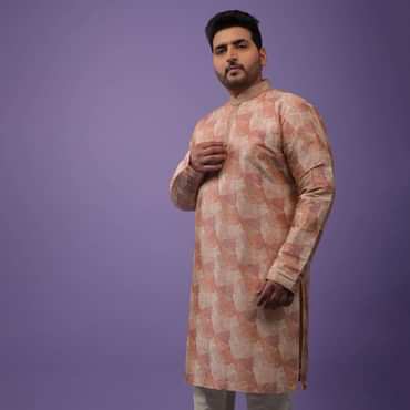 Peach Kurta Set In Bangalore Silk With Print And Brocade Weave Buttis