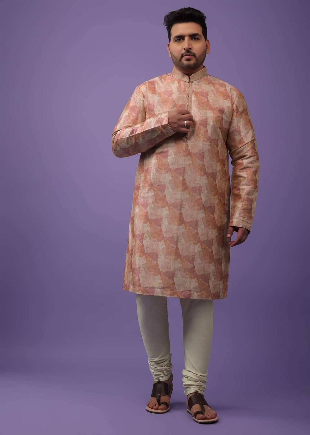 Peach Kurta Set With Print And Brocade Weave Buttis In Bangalore Silk