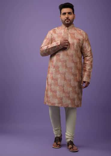 Peach Kurta Set In Bangalore Silk With Print And Brocade Weave Buttis