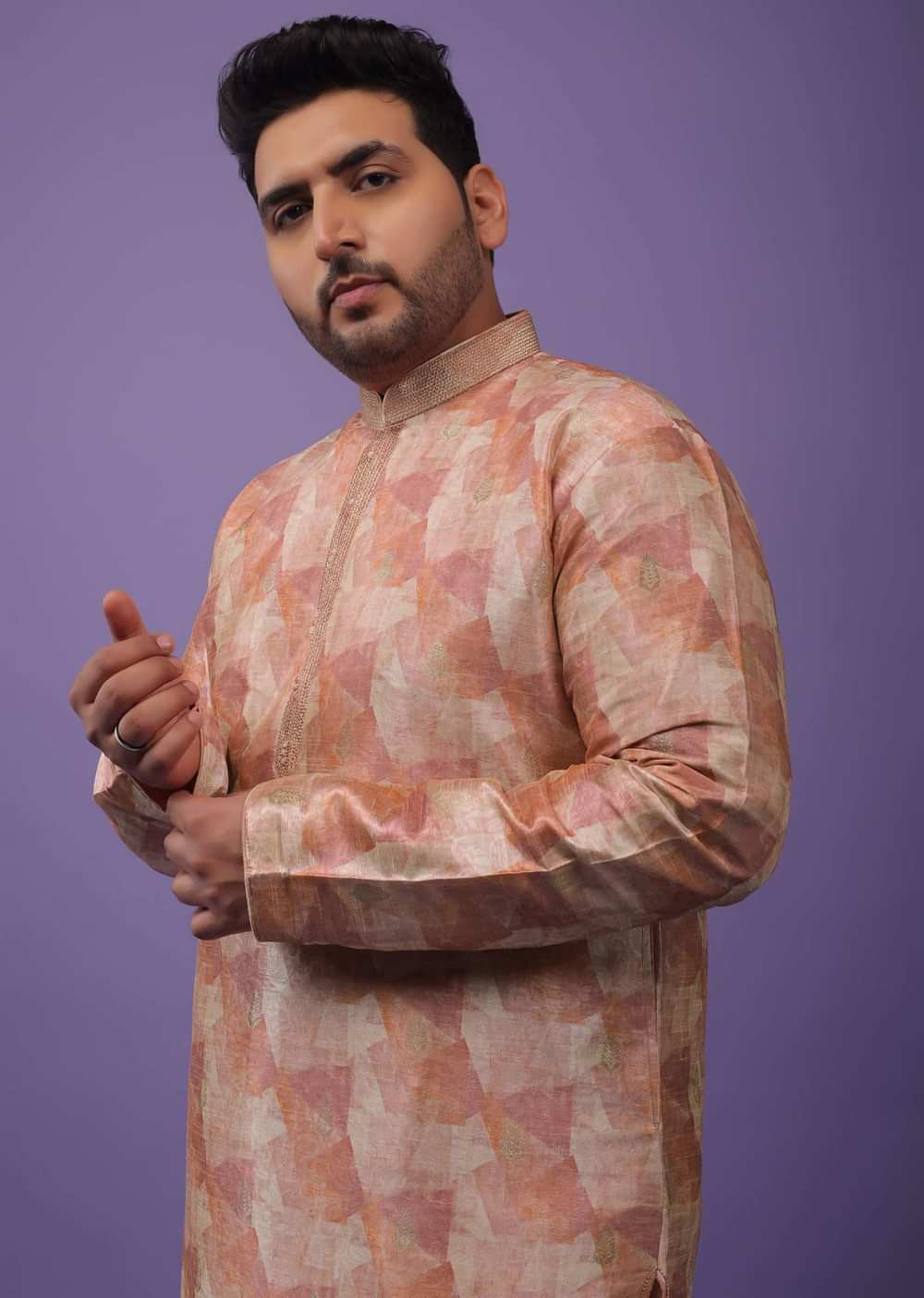 Peach Kurta Set With Print And Brocade Weave Buttis In Bangalore Silk
