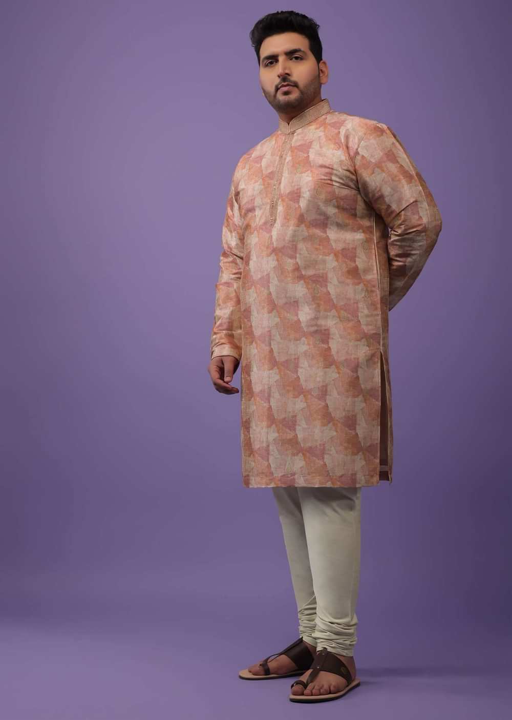 Peach Kurta Set With Print And Brocade Weave Buttis In Bangalore Silk