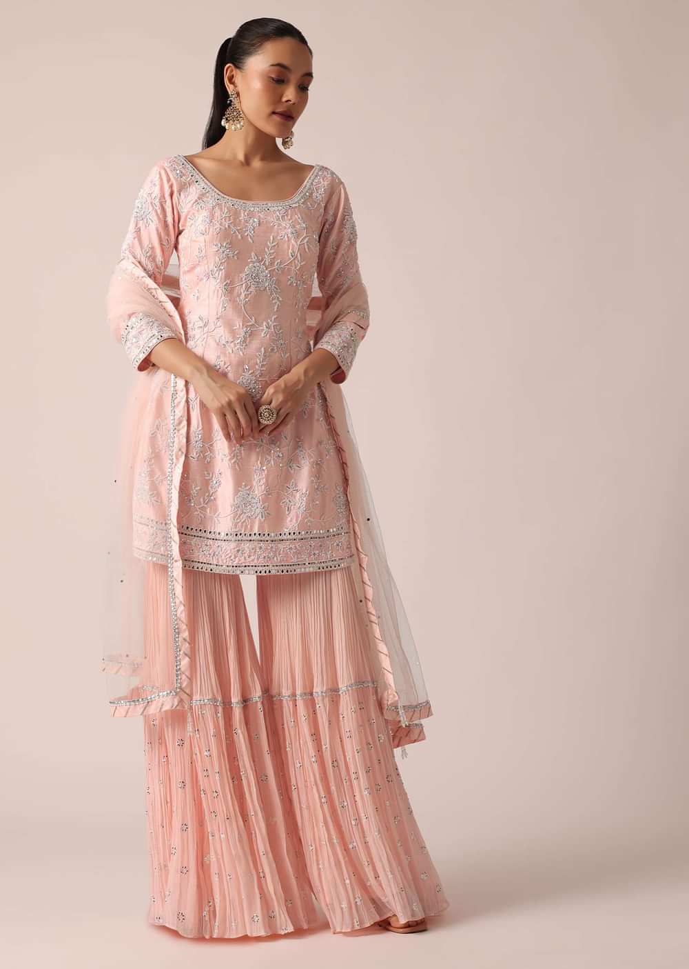 Peach Kurta Sharara Set With Pearl Embellishments