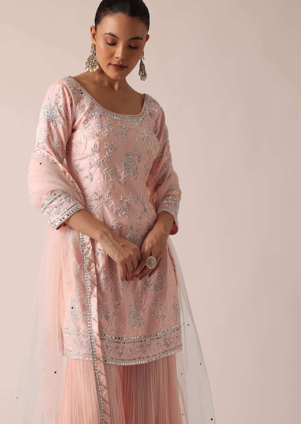Peach Kurta Sharara Set With Pearl Embellishments