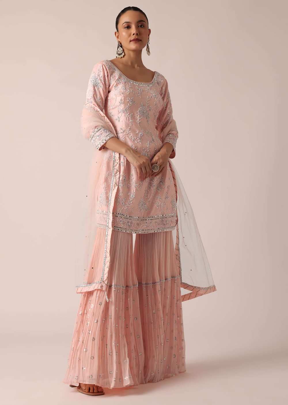 Peach Kurta Sharara Set With Pearl Embellishments