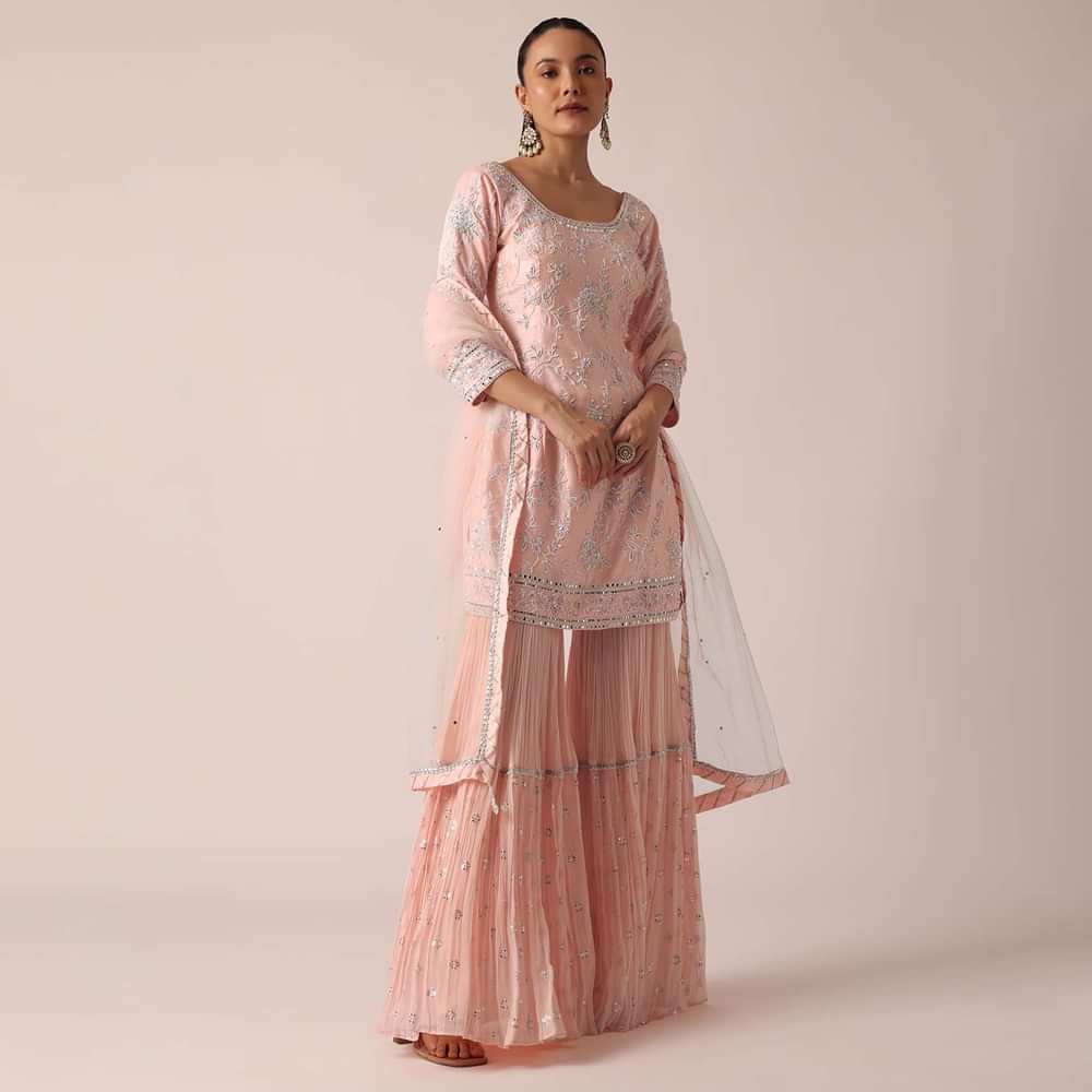 Peach Kurta Sharara Set With Pearl Embellishments