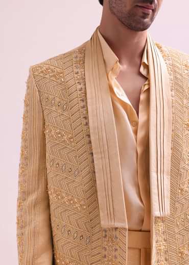 Peach Linen Satin Lapel Tuxedo With Shirt And Pants