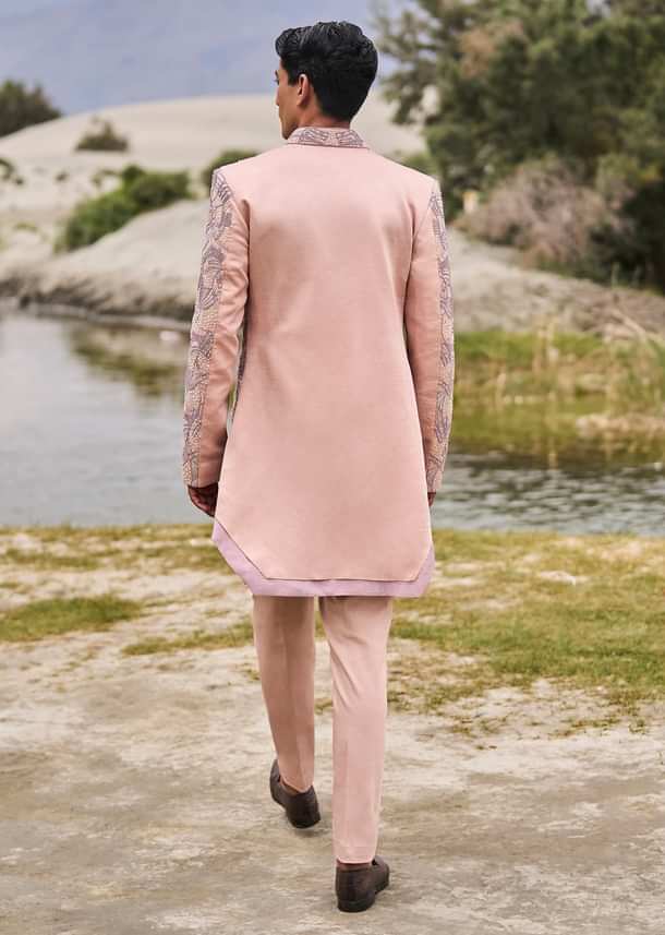 Peach Linen Sherwani With Hand Embroidery