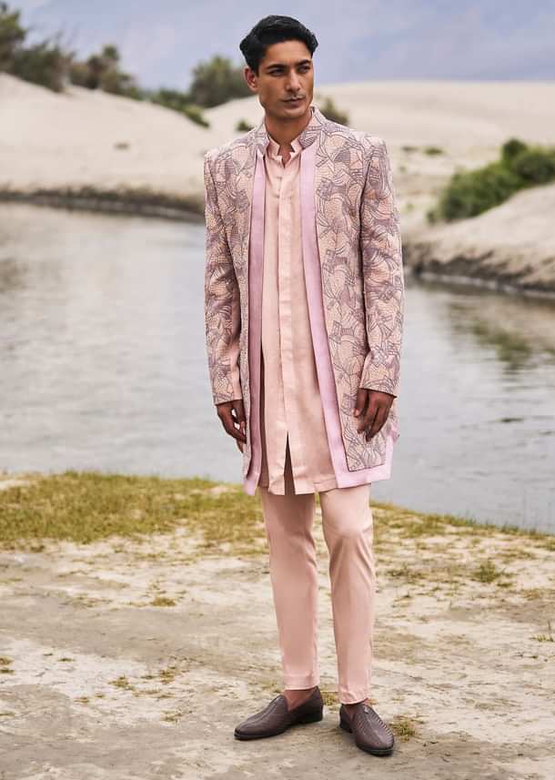 Peach Linen Sherwani With Hand Embroidery