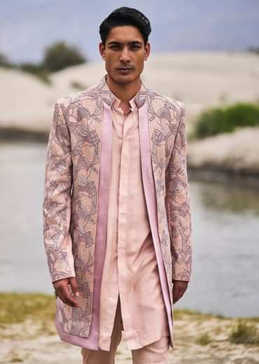 Peach Linen Sherwani With Hand Embroidery