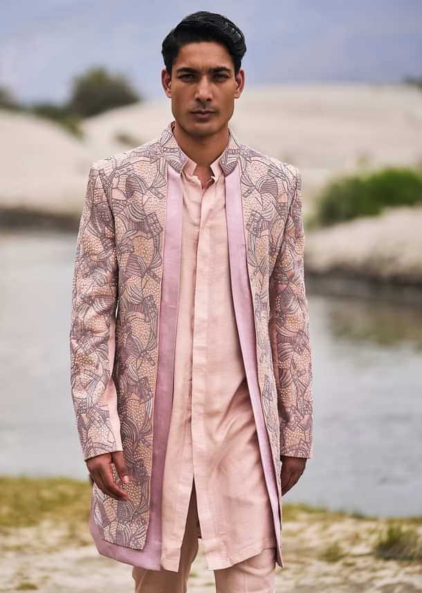 Peach Linen Sherwani With Hand Embroidery