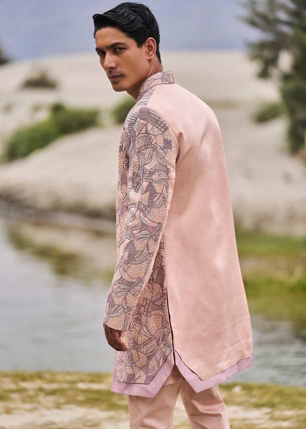 Peach Linen Sherwani With Hand Embroidery
