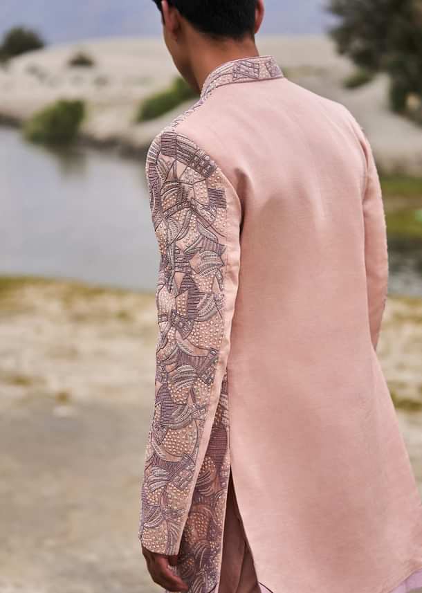 Peach Linen Sherwani With Hand Embroidery