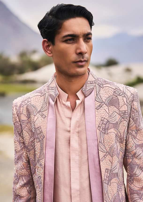 Peach Linen Sherwani With Hand Embroidery