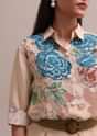 Peach Linen Summer Co-ord Set With Floral Stripe Print Kurta And Pants