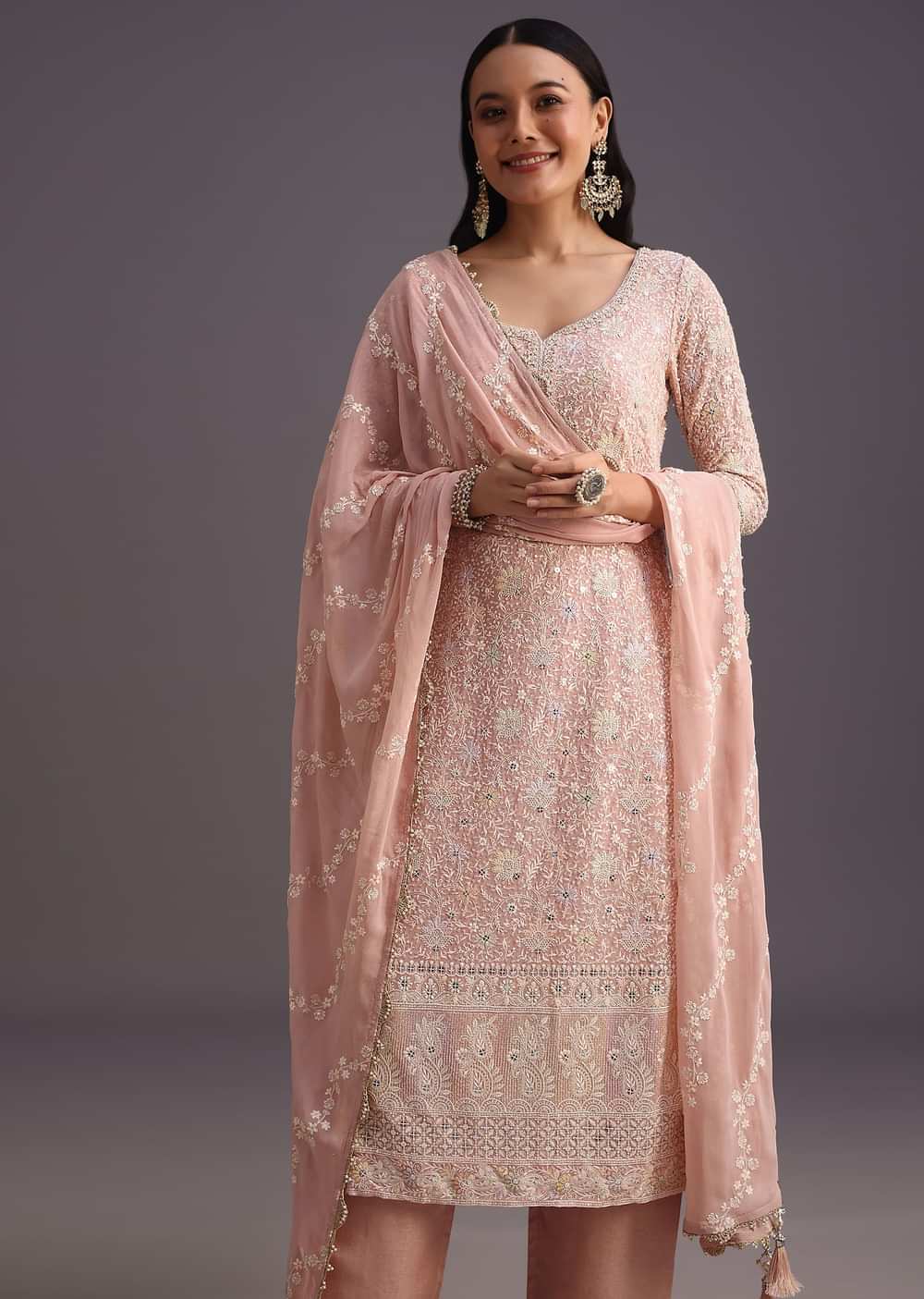 Peach Lucknowi kurta set With Resham Work Dupatta