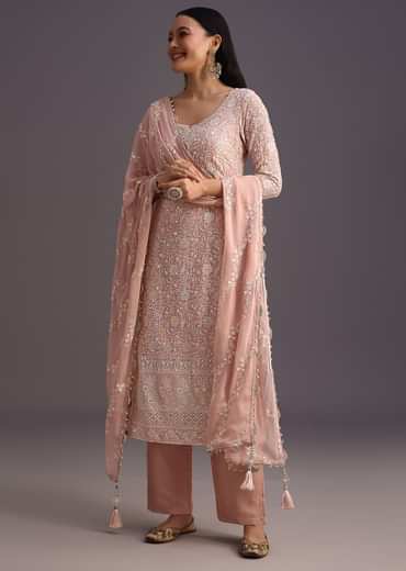 Peach Lucknowi kurta set With Resham Work Dupatta