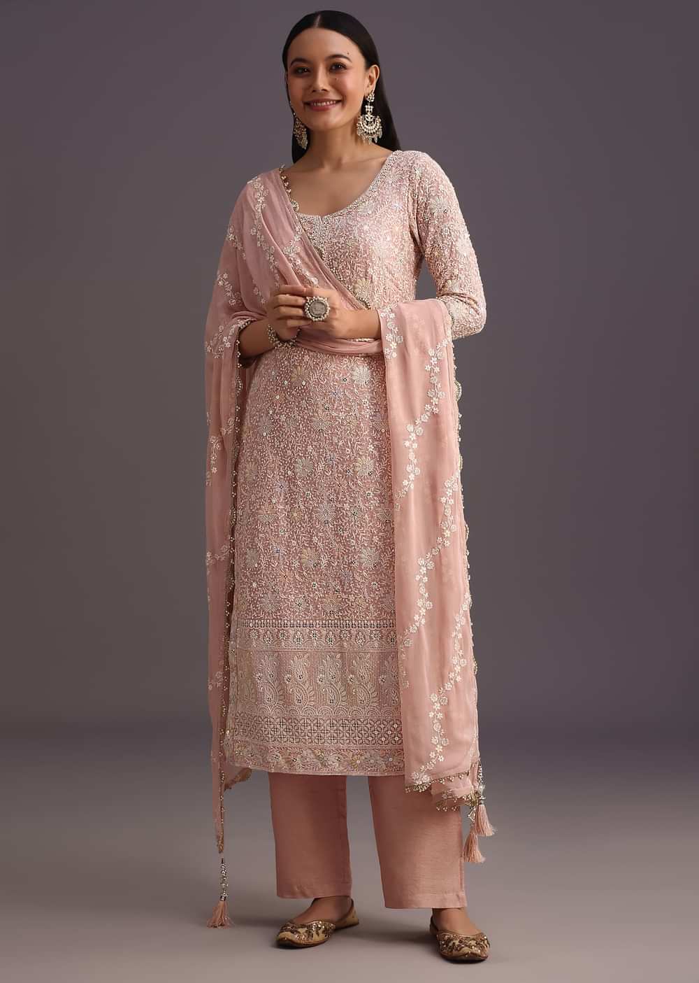Peach Lucknowi kurta set With Resham Work Dupatta