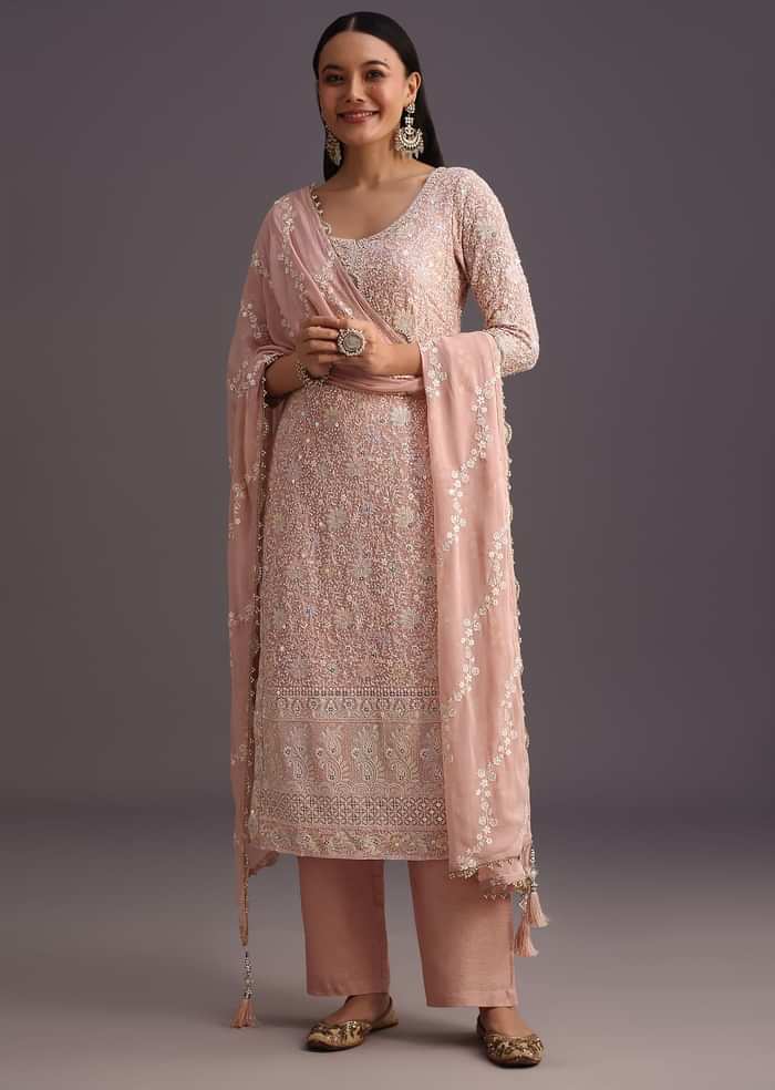 Peach Lucknowi kurta set With Resham Work Dupatta