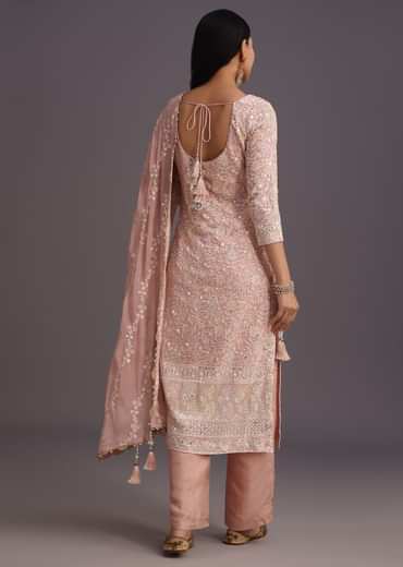 Peach Lucknowi kurta set With Resham Work Dupatta