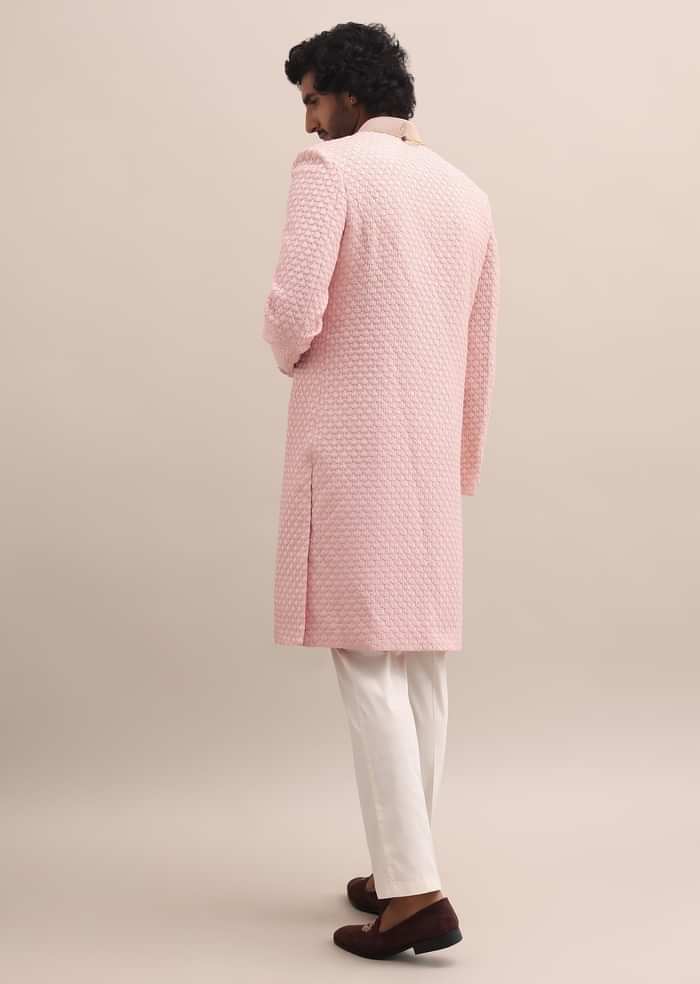Peach Lucknowi Sherwani In Silk For Men