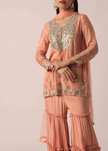 Peach Mirror Embellished Kurta Sharara Set