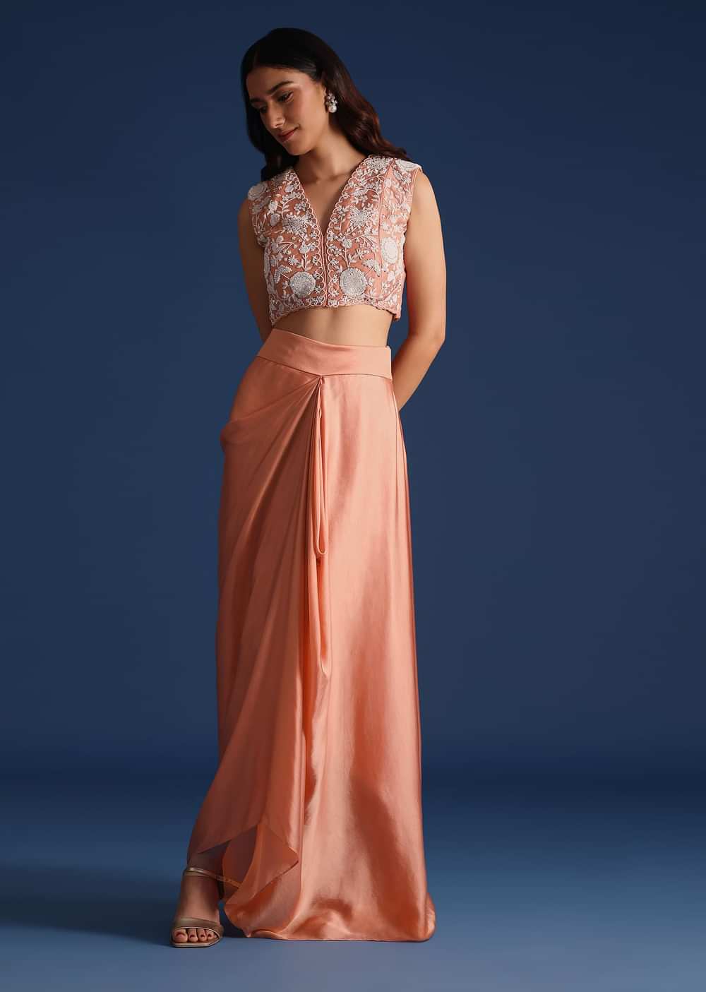 Peach Moti Work Jacket With Skirt And Crop Top