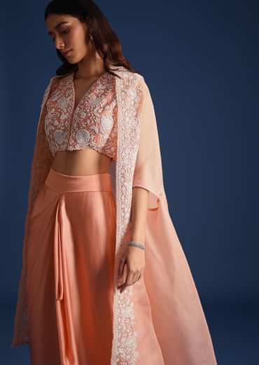 Peach Moti Work Jacket With Skirt And Crop Top