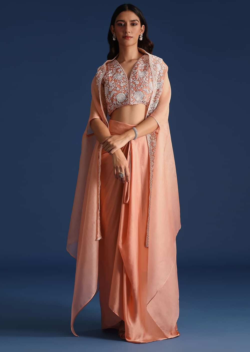 Peach Moti Work Jacket With Skirt And Crop Top