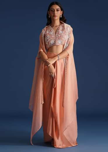 Peach Moti Work Jacket With Skirt And Crop Top