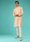Peach Nehru Jacket And Kurta Set With Multi Colored Resham Embroidered Floral Buttis