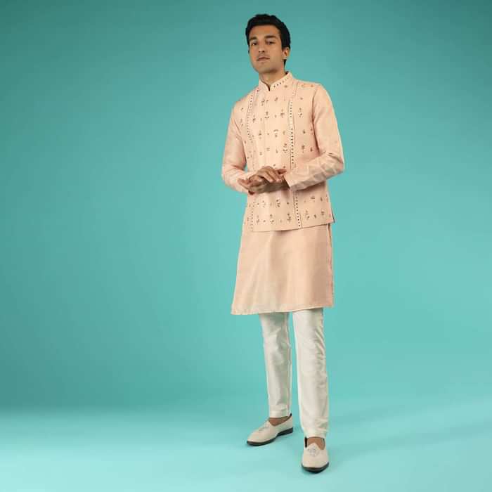 Peach Nehru Jacket And Kurta Set With Multi Colored Resham Embroidered Floral Buttis