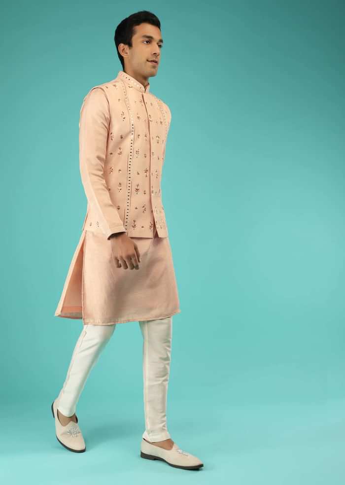 Peach Nehru Jacket And Kurta Set With Multi Colored Resham Embroidered Floral Buttis
