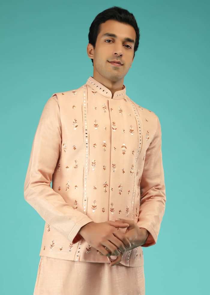 Peach Nehru Jacket And Kurta Set With Multi Colored Resham Embroidered Floral Buttis